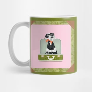 Miniature Schnauzer Dog sitting in an empty vintage suitcase Mug